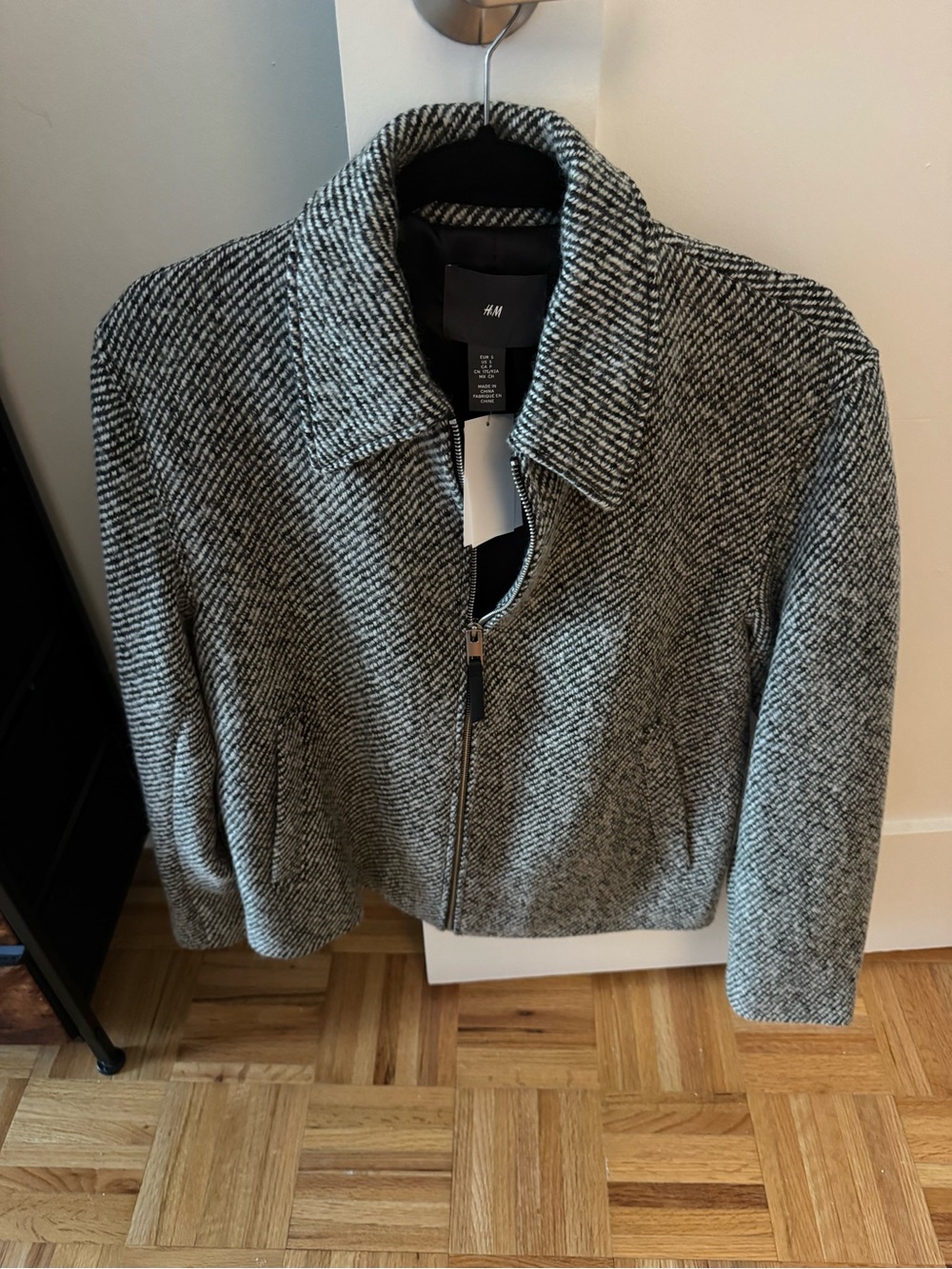 H&M Black and White Tweed Zip-Front Blazer